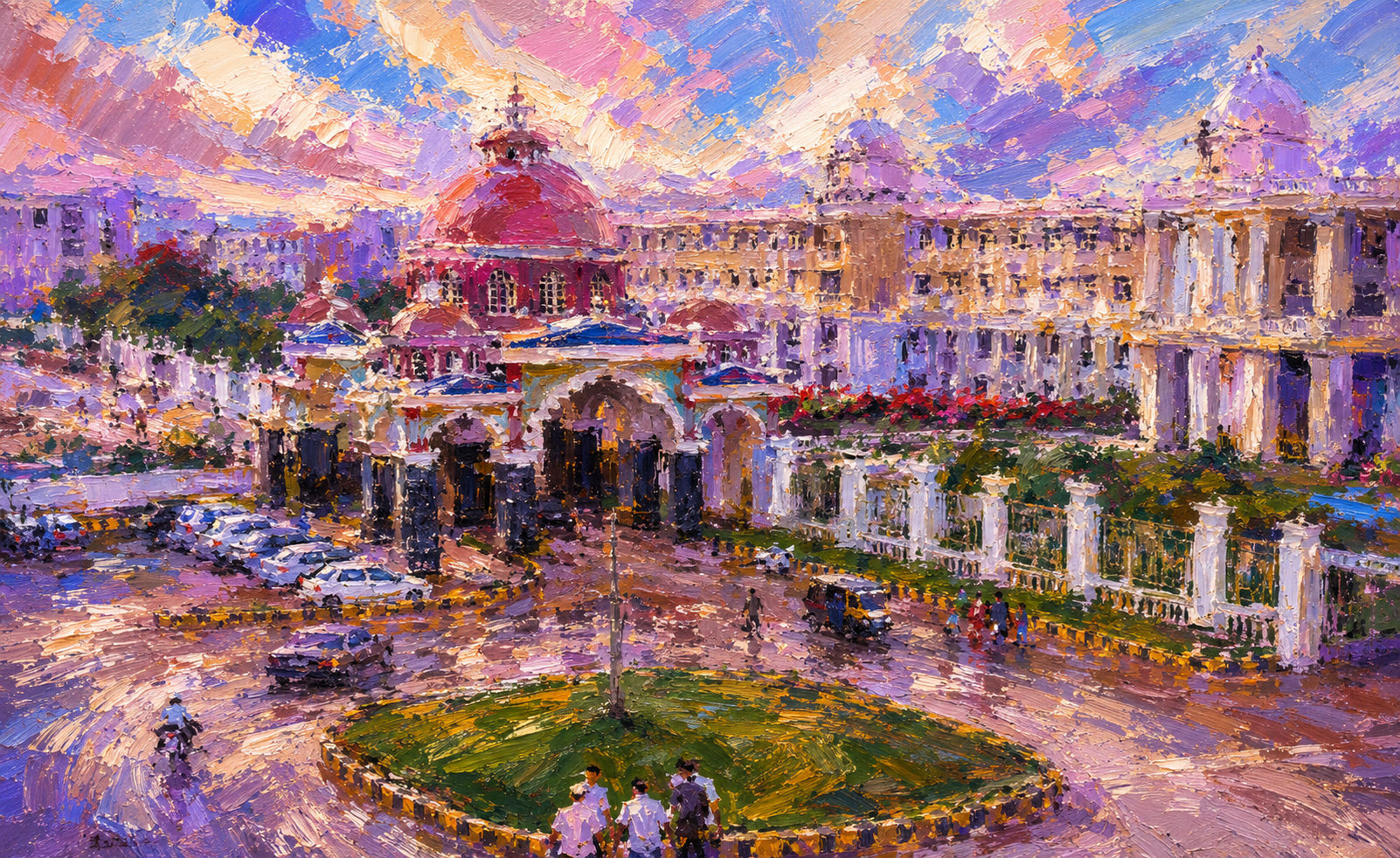 Oil painting of the Ramaiah campus at dusk — the red dome and arched entrance above the crescent drive, with the lawn and its circle of students in the foreground.