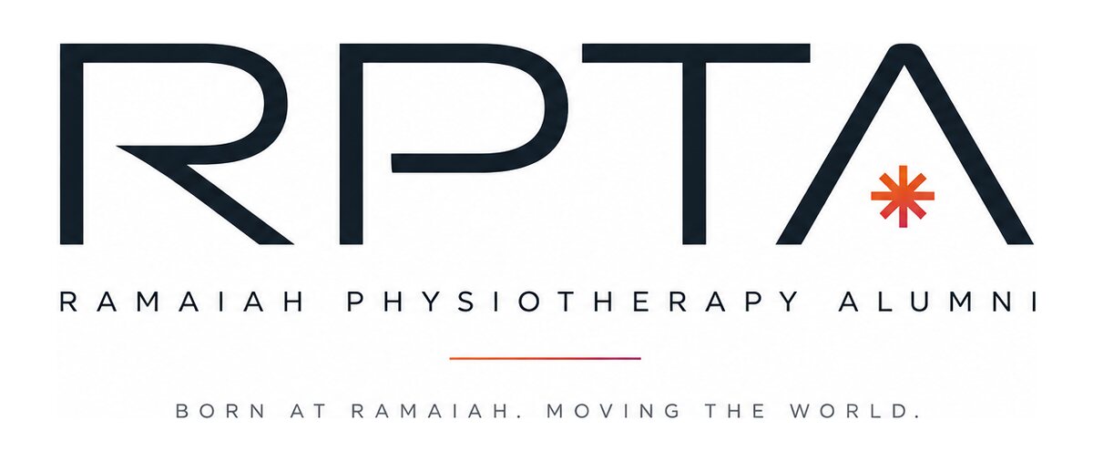 The RPTA lockup: the letters R P T A in light wide-tracked capitals with the asterisk mark nested inside the A, the words Ramaiah Physiotherapy Alumni beneath, a short flame-to-rose gradient rule, and the line Born at Ramaiah. Moving the World.