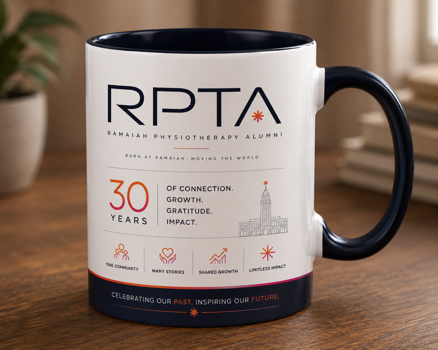RPTA thirtieth-anniversary ceramic mug with the association lockup, Ramaiah tower illustration, and connection, growth, gratitude and impact artwork.