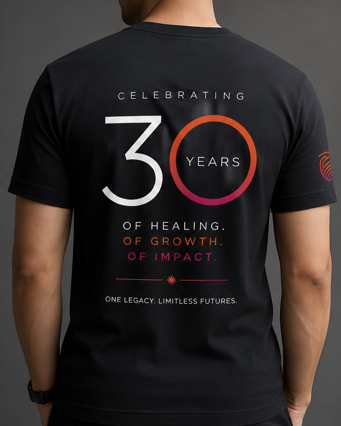 Back of the black RPTA tee: celebrating 30 years with the gradient zero, above the lines of healing, of growth, of impact, and one legacy, limitless futures.